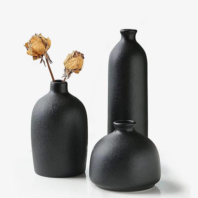 Black Ceramic Vase Set of 3,Small Flower Vases for Home Rustic Decor,Modern Farmhouse Decor,Shelf Decor,Table Decor and Mantel Decor