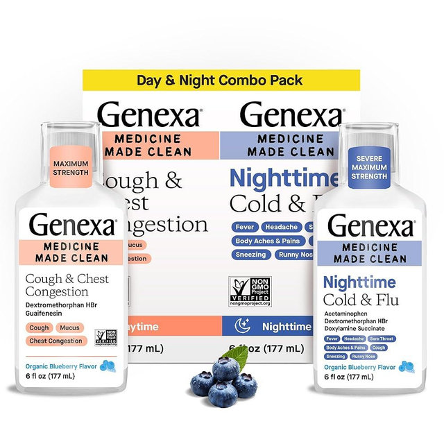 Genexa Daytime Cough & Congestion + Nighttime Severe Cold & Flu Combo Pack, Dye Free, 0% Artificial Additives, Liquid Multi-Symptom Cough, Cold, & Flu, Organic Blueberry Flavor, 12 fl oz (2 Pack)