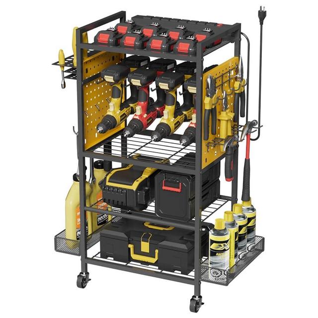 Power Tool Organizer Cart with Charging Station, Heavy Duty Garage Tool Organizer Rolling Tool Battery Storage with 8-Outlet Power Strip, 4 Wheels, 2 Hanging Baskets, 8 Hooks, Drill Bit Holder, Yellow