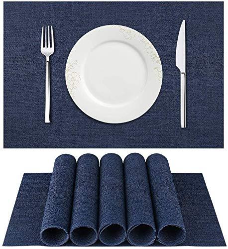 MVYECOR Placemats, Heat-Resistant Placemats Stain Resistant Anti-Skid Washable PVC Table Mats Woven Vinyl Placemats,Set of 6,(Dark Blue)