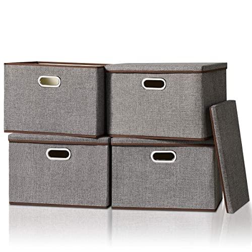 Large Storage Box with Lid [4-Pack] Foldable Fabric Storage Bin with Lid Collapsible Storage Cube Organizer Containers Baskets with Cover (17.7x11.8x11.8) (Large, Grey)