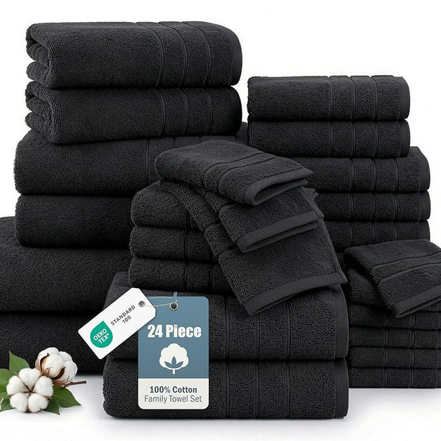 100% Mercerized Cotton Bath Towels Set of 24 - 2 Bath Sheets, 2 Bath, 2 Gym Towel, 4 Fingertip, 6 Hand, 8 Washcloths, Gentle on Body, Luxury Softness for Daily Living, Perfect for Everyday Use – Black