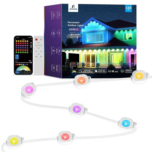 APPECK Permanent Outdoor Lights 150ft,RGBW Eaves Light with 108 LED Lights,111+ Scenes Modes Outdoor Lighting, Waterproof Permanent Light for Daily Holiday Decorations, Works with Alexa,White