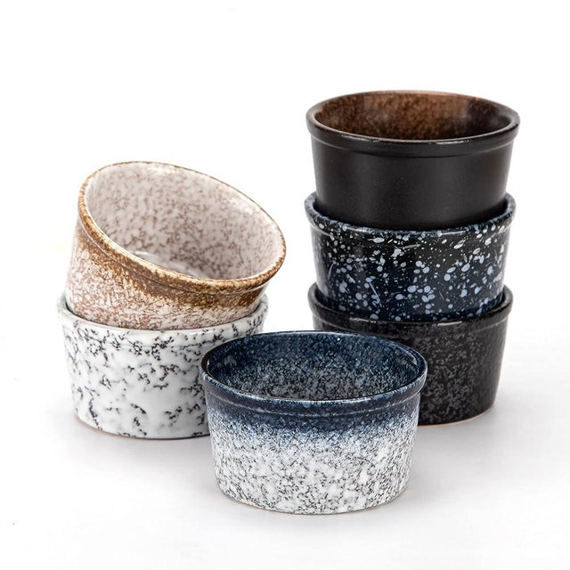 PARMEDU Ceramic Ramekin Set of 6 Mini Porcelain Bowls 4oz/120ml of Zen Style, Souffle Ramekins/Cups for Puddings, Brulees, Soufflés, Custards, Ice Creams, Dipping Sauces, Snacks, Oven Safe, Model BK002
