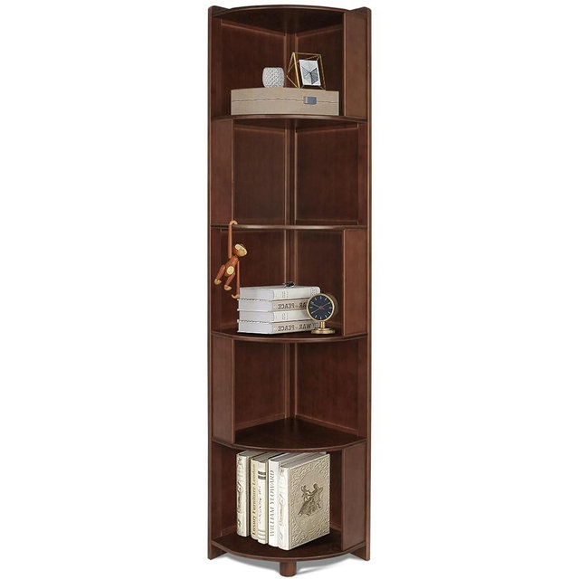 DOUSY-5 Tier Bamboo Corner Shelf, Mid Century Modern Corner Bookshelf, 69" Tall Stylish Bookcase Display Rack Plant Stand for Living Room, Bedroom, Home Office, Kitchen, Walnut
