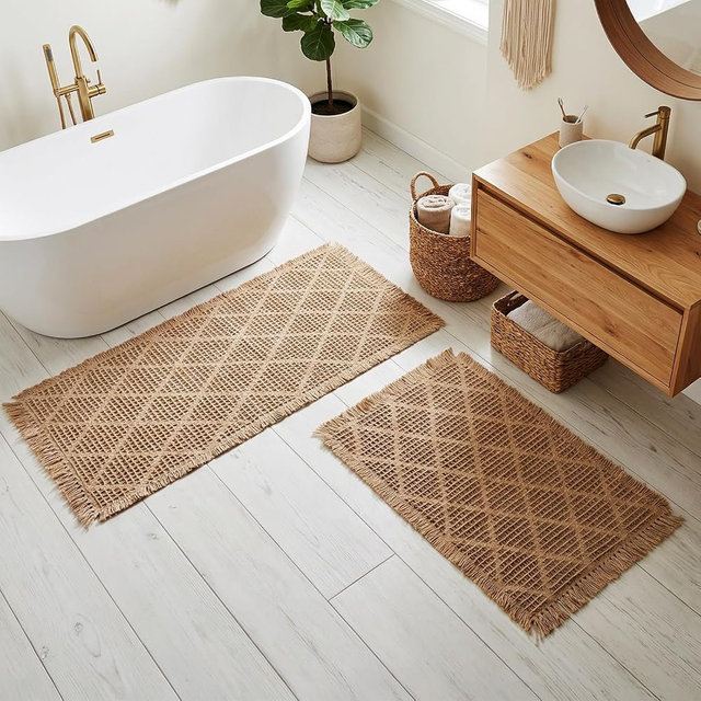 Tinideya Set of 2 Upgraded Diamond Pattern Waffle Bathroom Rugs, Boho Bath Rugs Rubber Backing Non Slip, Absorbent Machine Washable Bath Mats for Bathroom Floor Tub Shower 18" x 30", 17" x 24"