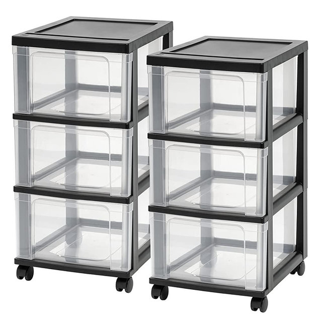 IRIS USA NC-3 Wide Storage Drawer Cart, (2 Pack), Black/Natural Clear