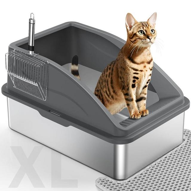 Stainless Steel Cat Litter Box, Extra Large Litter Boxes for Big Cats, Anti-Urine Leakage XL Litter Box with High Sides, Xlarge Metal Litter Box with Lid, Easy Clean, Non-Sticky, Cat Mat & Metal Scoop