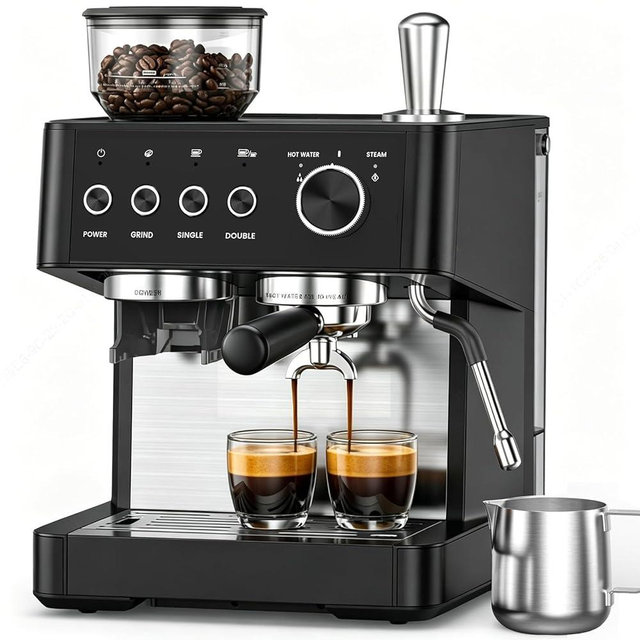 (2026 Upgrade) 15 Bar Espresso Machine with Built-in Anti-Clog Coffee Grinder, Expresso Coffee Machines with Milk Steam Wand/Frother/Tamping Tools,Espresso Maker with Grinder for Lattes-Sleek Black