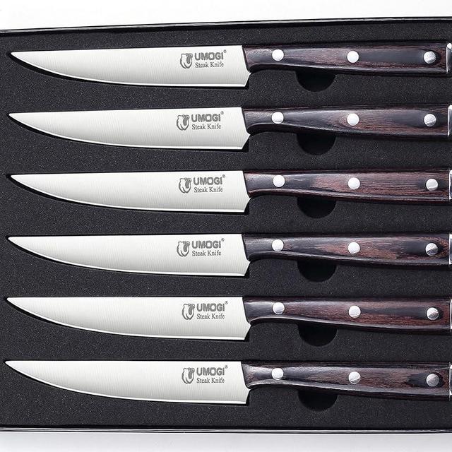 UMOGI High-end Steak Knives Set of 6, Gift Box - Black Natural Wooden Handle, German Stainless Steel - Straight Edge Non Serrated - 4.8''Dinner Knife, Kitchen Tableware Knives Cutlery Set
