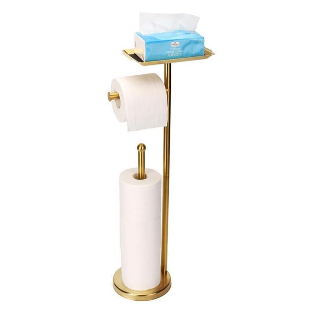 Exilon Toilet Paper Holder Stand for Bathroom Floor Freestanding Toilet Roll Dispenser Storages 4 Reserve Rolls, with Top Storage Shelf for Cell Phone (Brushed Gold)