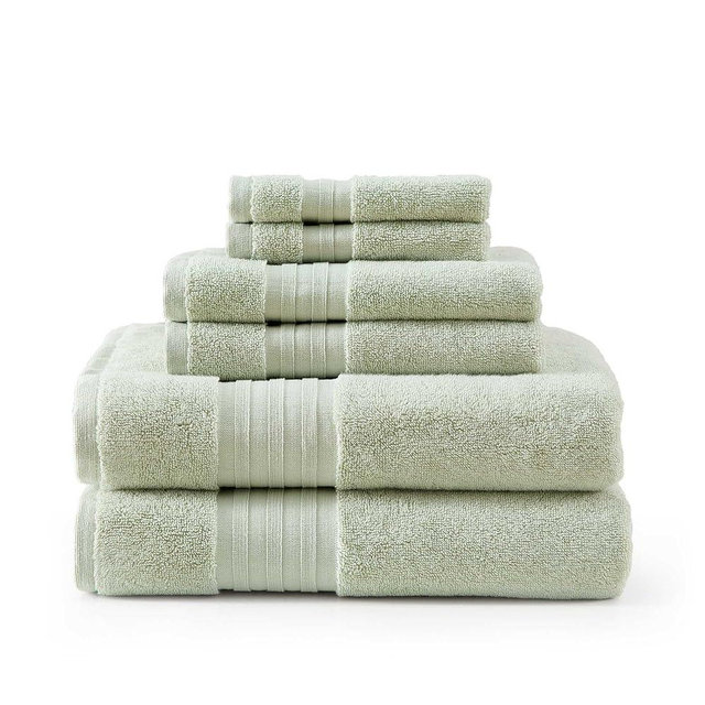 Martha Stewart - Bath Towels, Soft & Absorbent 100% Cotton Towels, Plush 700 GSM, 6-Piece Bathroom Towel Set with Textured Dobby Weave (Skyland Manor Green)