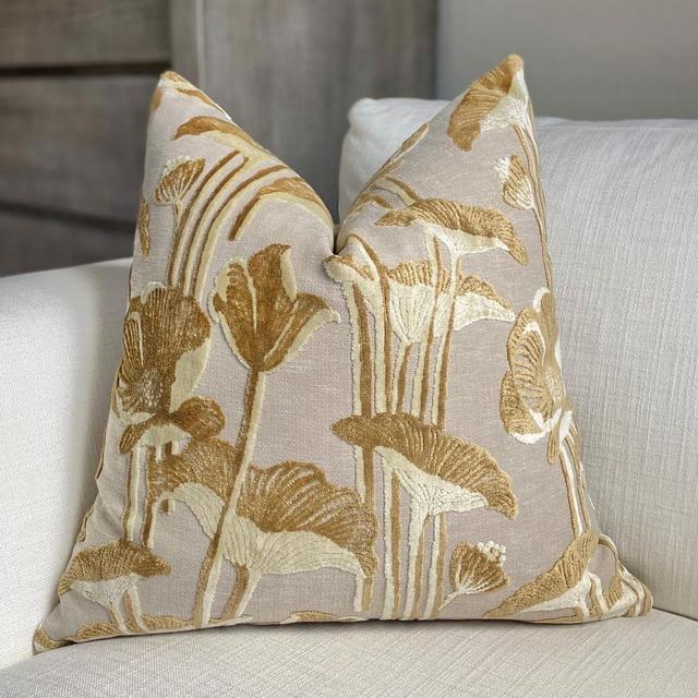 Gold Velvet Floral Print Throw Pillow Cover, Cover Only