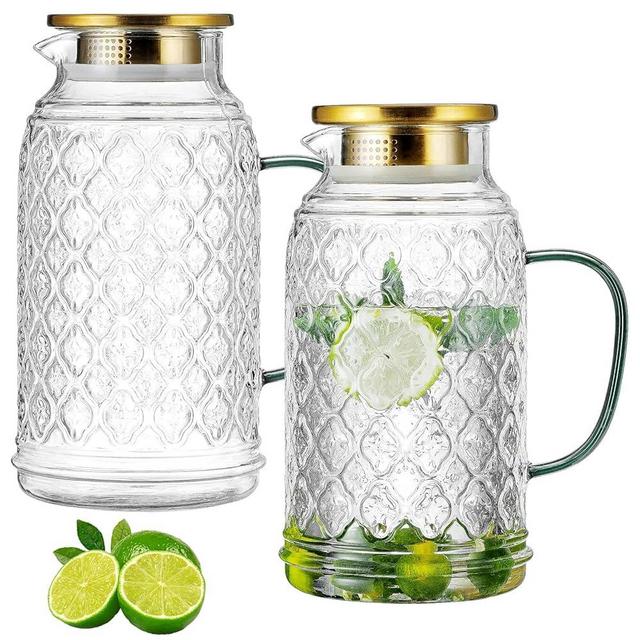 Buaic Glass Pitcher with Lid, 2 PACK 84 oz/2.5L Liter Vintage Water Pitcher, Clear Borosilicate Glass Water Carafe for Cold Brew, Coffee, Lemonade, Iced Tea,Beverage, Heat Resistant