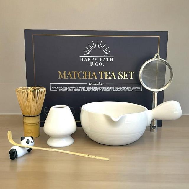 HAPPY PATH & CO – 6 Pcs Matcha Whisk Set Includes Matcha Whisk(Chasen), & Bowl with Spout Handle, 120 Prong Bamboo Whisk, Matcha Scoop, Sifter & Panda Scoop holder | White Matcha Kit