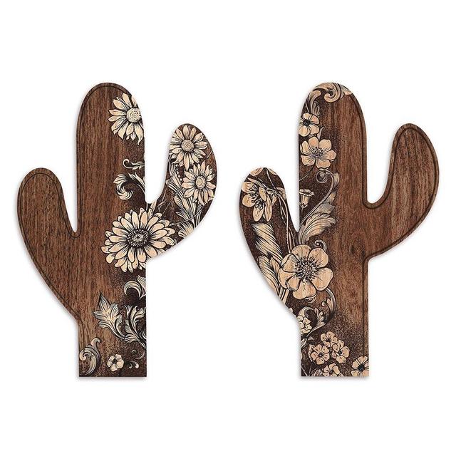 Putuo Decor 2 Pieces Aztec Cactus Decor, Farmhouse Wall Decor, Rustic Flower Patterns Wood Home Decor for Living room, Bedroom, Bathroom, Western Decor