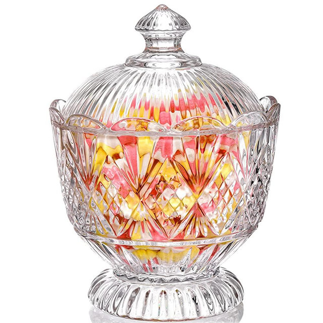 Lyellfe Glass Candy Dish with Lid, 40 Oz Large Clear Covered Candy Bowl, Decorative Embossed Cookie Food Storage Container Jar for Candy Buffet, Office Desk, Home Kitchen, Lead-free, Dishwasher Safe