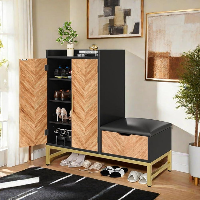 YITAHOME Shoe Cabinet with Bench for Entryway, 4-Tier Shoe Cabinet with Shoe Storage Bench, Shoe Rack with Door, Shoe Organizer Cabinet for Entryway, Living Room, White