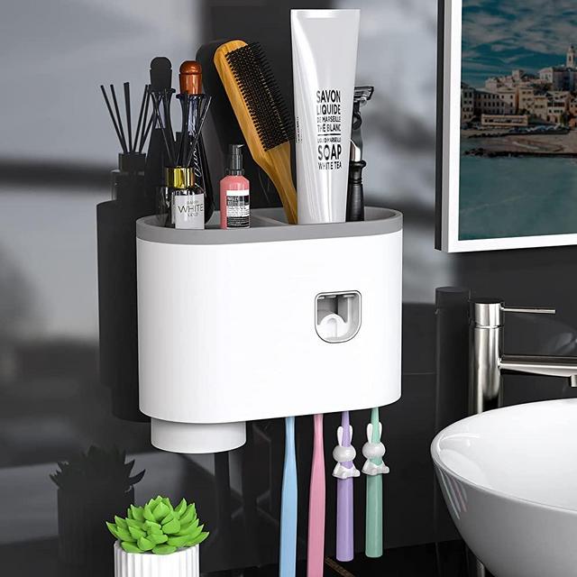 Bathroom Toothbrush Holder Wall Mounted, Hanging Toothbrush Holder Storage Rack and Automatic Toothpaste Dispenser Kit with Magnetic Cups and 4 Toothbrush Slots to Save Bathroom Space (Grey, 1 Cup)