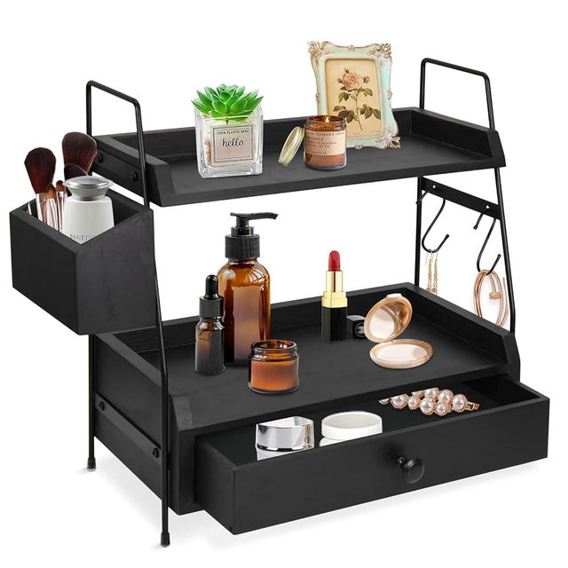 Coffee Bar Accessories and Organizer Countertop, Coffee Station Organizer Kitchen Counter Shelf Organizer,Coffee Condiment Storage,Cup Lid Holder Countertop Shelf for Bathroom,Kitchen (Black 3)