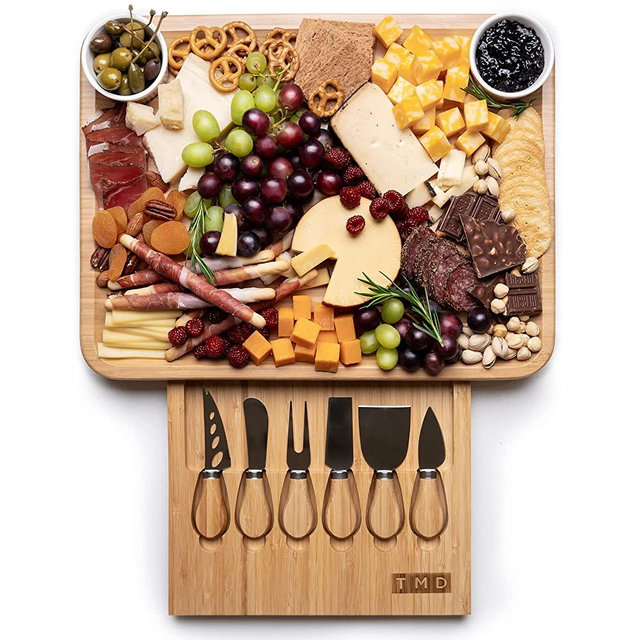 TMD Cheese Board with 6 Knives Set – Charcuterie Board with 2 Round Ramekins – wooden Charcuterie Board Set – Elegant Cheese Board Set to Display Your Assortments in Style