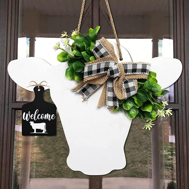 Welcome Farmhouse Cow Head Door Wreath Sign Rustic Wooden Calf Front Door Hanger Buffalo Plaid Burlap Bow And Artificial Leaves Home Restaurant Cafe Outdoor Indoor Decoration Gift Ideas 12"x 15"