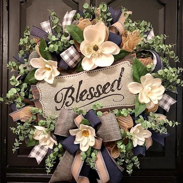 Spring Summer Wreath for Front Door,Magnolia Wreath,Farmhouse Porch Decoration,Front Door Wreath,Housewarming Gift, Buffalo Plaid Year Round Wreath,Everyday Wreath,Summer Home Decor