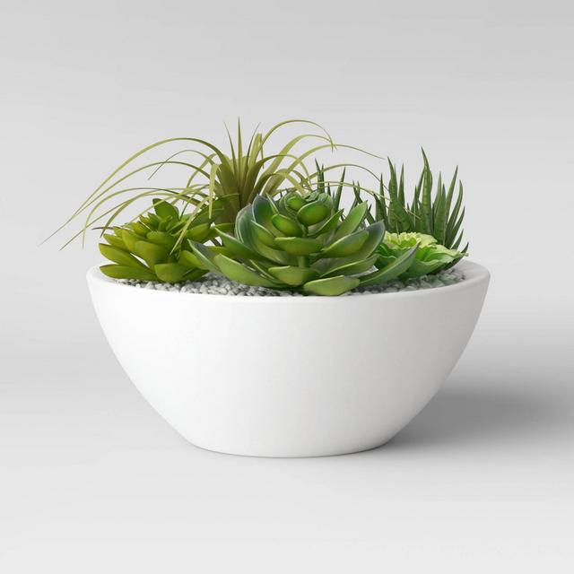10" x 8" Artificial Mixed Succulent Garden in Ceramic Bowl Green/White - Project 62™