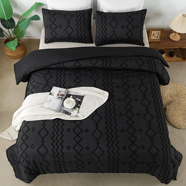 Andency Black Tufted Comforter Set King(104x90Inch), 3 Pieces(1 Tufts Comforter, 2 Pillowcases) Boho Textured Farmhouse Comforter, Microfiber Down Alternative Geometric Comforter Bedding Set
