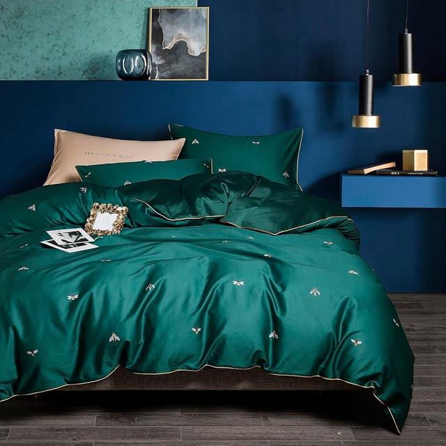 mixinni Dark Green Duvet Cover King Size, 100% Long Staple Cotton Honeybee Floral Pattern 3pc Bedding Duvet Cover Set with Zipper Ties 2 Pillowcases Perfect for Him and Her-King Size