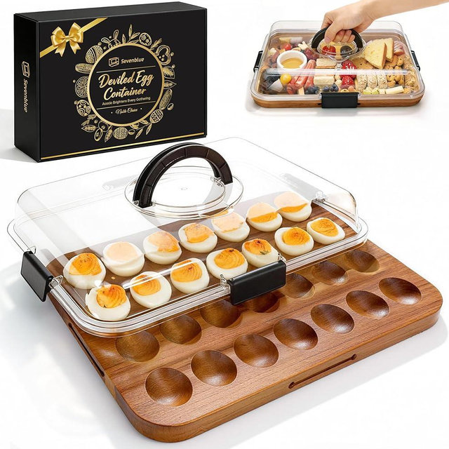 2026 Upgraded Easter Acacia Wood Deviled Egg Containers with Lid, Portable Deviled Egg Platter Tray with 28 Slots for Easter, Party & Picnic, Reversible Charcuterie Board, House Warming Gifts New Home