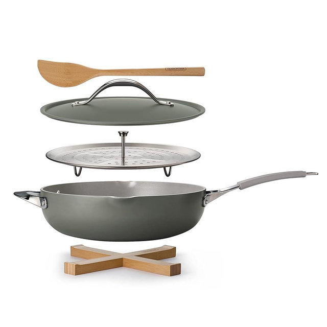 Tramontina All-in-One Plus Pan Set, 5-Quart Ceramic Non Stick Cooking Pan with Lid, Steamer Insert, Bamboo Utensil and Trivet, Gray