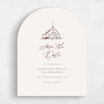 Red Arch Wedding Save the Date - Chapel Portrait