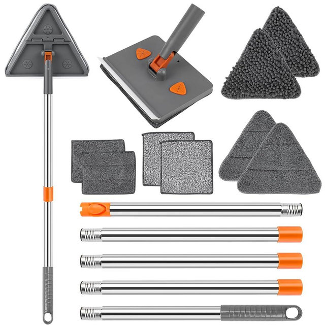 CALBEAU Baseboard Cleaner Tool with Handle, Collapsible Wall Mop with 83 inch Extension Pole, Wall Cleaner Mop with Squeegee, 8 Reusable Cleaning Pads for Cleaning Floor, Window, Cabinet and Ceiling