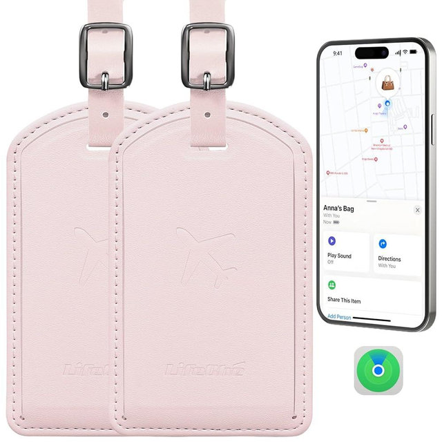 Luggage Tags Built-in Anti-Loss Tracker, Luxury Leather Luggage Tags for Suitcase, Travel Bags, Backpacks, Travel Organizer for Lost Baggage Prevention (Pink*2 Pack)