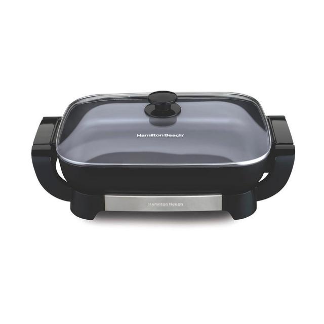 Hamilton Beach Durathon Ceramic Electric Skillet with Removable 12x15” Pan, Adjustable Temperature, Reversible Design, Tempered Glass Lid, Black Nonstick Surface (38531)