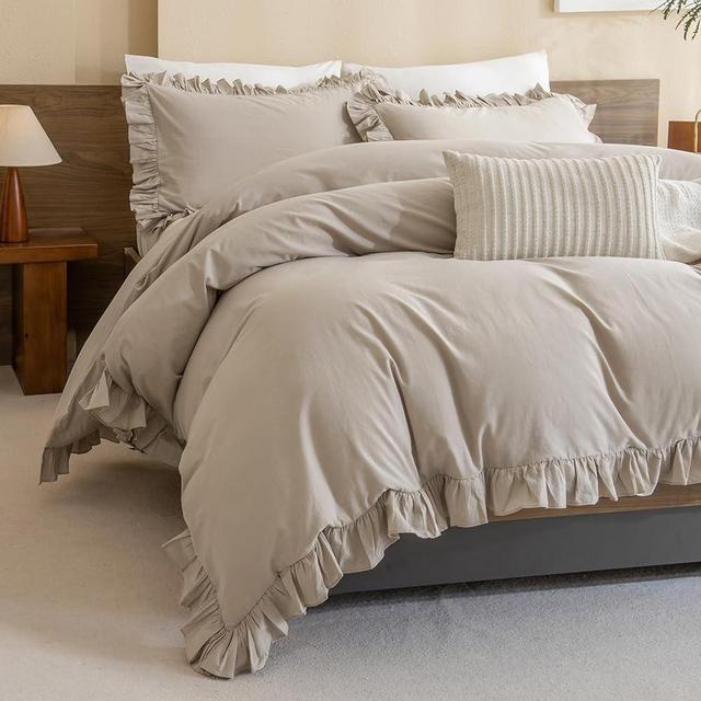 QSH 100% Cotton Queen Duvet Cover Set Ruffle Duvet Cover Linen Textured Farmhouse Shabby Vintage Chic Bedding Comforter Cover 3 PCs Aesthetic French Country Queen Bed Set