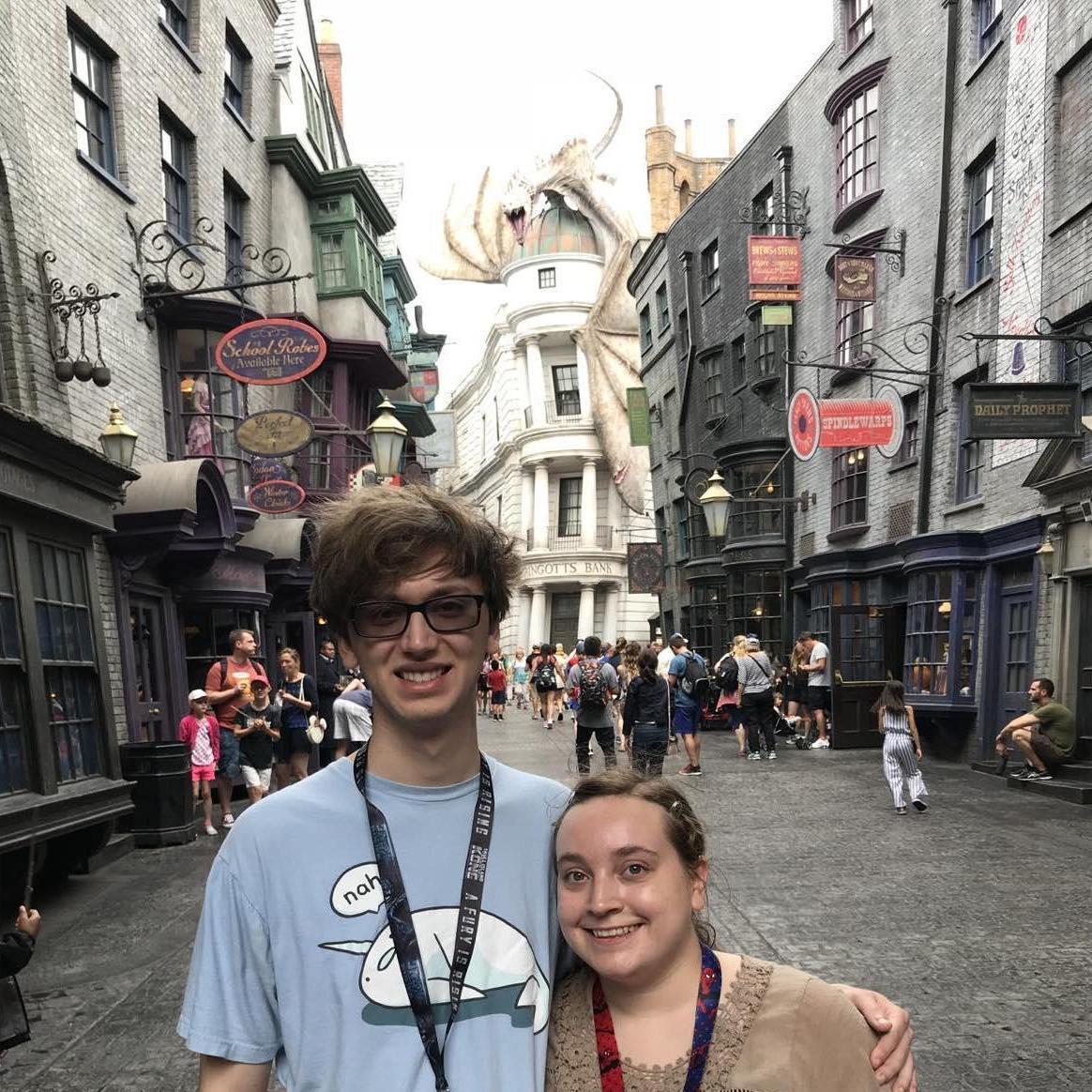 Exploring Diagon Alley at Universal Studios with David's sister and dad. It was out first trip there together!