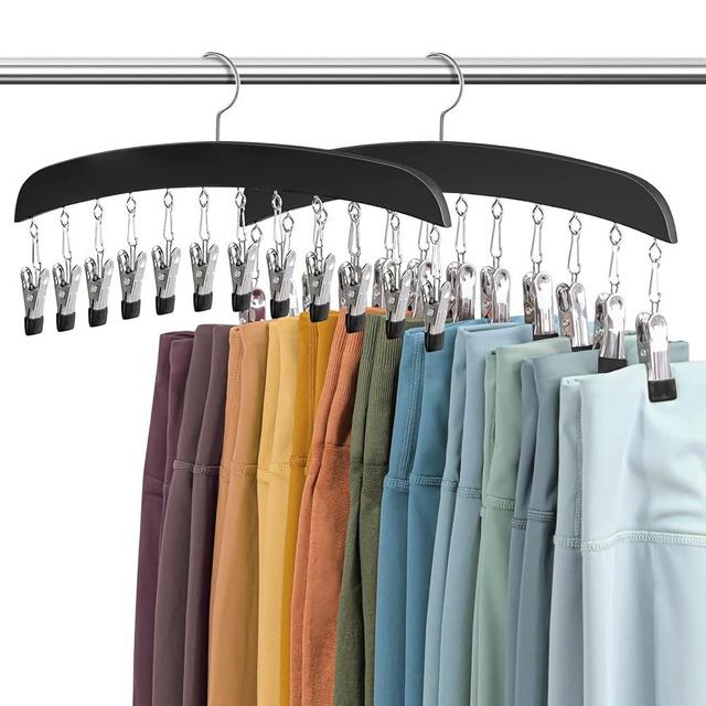 Legging Organizer for Closet, HOMEBROS 2 Packs Wooden Closet Leggings Hanger Organizer with 24 Clips Space Saving Multi Clip Hanger with 360° Swivel Hook for Pants Scarfs Hats - Black