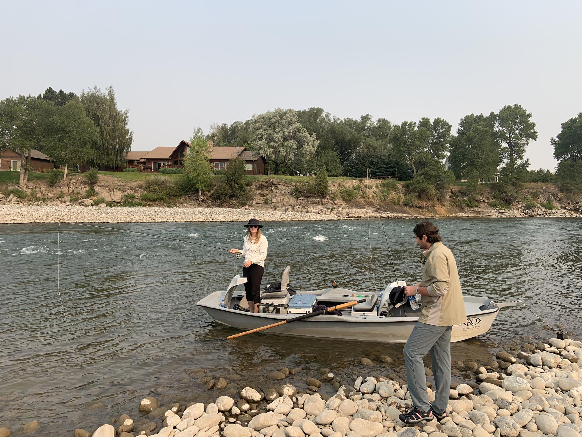 Fly fishing float trip outside of Bozeman, MT. Kelly has hooked Jackson three times: once when she met him, and twice more in the neck on this trip!
