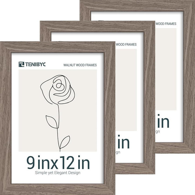 TENIBYC 9x12 Frame 3 Pack with HD Glass - Brown Walnut, 9 x 12 Natural Wood Picture Frame, Room, Office, Gallery, Studio, and Hallway Decor - Wall Hanging