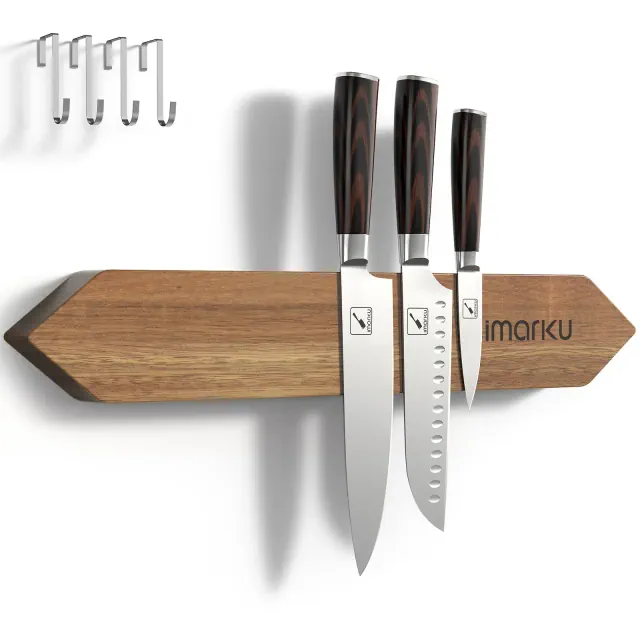 imarku Magnetic Knife Holder for Wall,16 Inch Acacia Wood Magnetic Knife Strip, Knife Magnetic Strip for Kitchen Organizer 4 Hooks, Kitchen Essentials