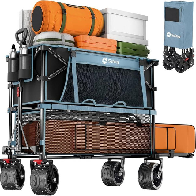 400L Large Capacity Folding Double Decker Wagon with Brakes, 50" Extra Long Extender Cart, 500lbs Heavy Duty Collapsible Wagons, All-Terrain Big Wheels for Camping, Sports, Shopping. Blue
