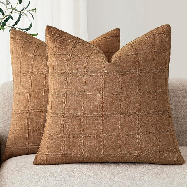 Foindtower Set of 2 Decorative Linen Check Throw Pillow Covers Neutral Farmhouse Vintage Cushion Covers Modern Boho Home Decor for Sofa Chair Couch Bedroom Living Room Outdoor,22×22 Inch,Brick