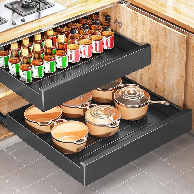 2Pack Pull out Cabinet Organizer, 21"Deep, Heavy Duty Full-extension Slide out Drawers for Kitchen Cabinet, Roll out Shelf Storage with Nano Adhesive for Pots, Bathroom, Pantry,Home,Black