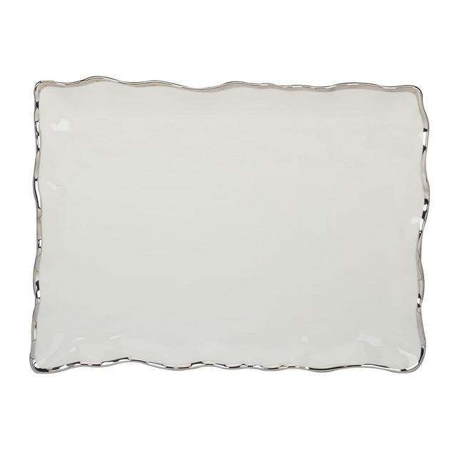 Regency Silver Porcelain Rectnglr Platter with Scalloped Edges, Metallic Silver Rim, 16x11.75in, Elegant Serving Dish for Appetizers, Desserts & Buffet, Durable Dinnerware for Entertaining & Everyday