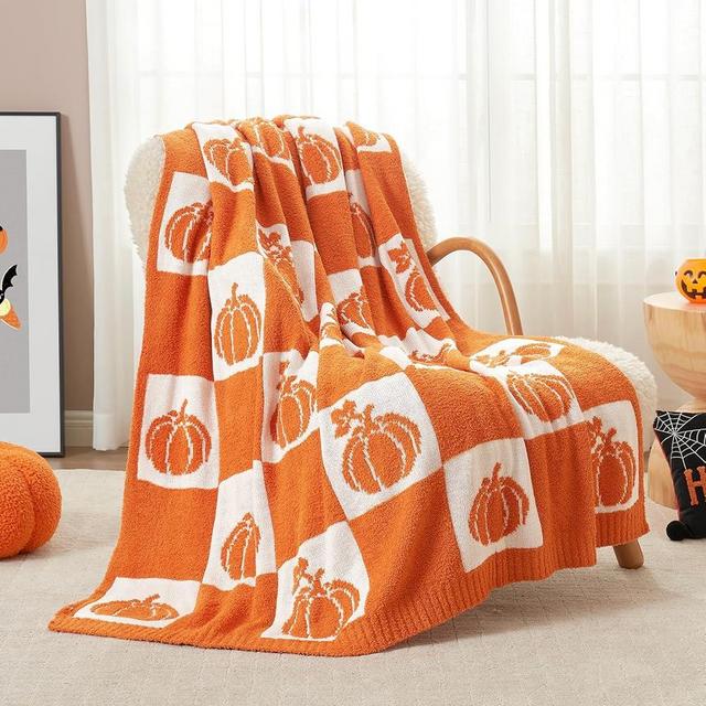 Snuggle Sac Fall Checkered Blanket Orange Pumpkin Throw Blanket for Couch, Bed, Sofa, 50x60 inches, Ribbed Jacquard Ultra Soft Decorative Blanket, Pumpkin Throw Blankets for Halloween Harvest Gifts