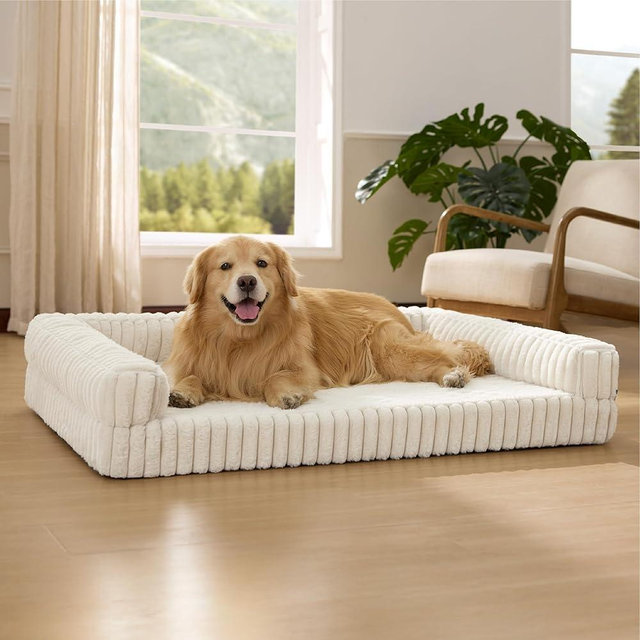Bedsure ComfyFleece Orthopedic Dog Beds for Extra Large Dogs, Waterproof Memory Foam XL Pet Bed with Sides, Non-Slip and Egg-Crate Foam Big Dog Couch Sofa with Washable Corduroy Cover, Cream