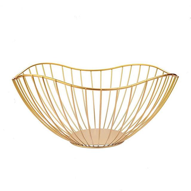 IBWell High Style Curved-Edge Modern Creative Stylish Single Tier Dish,Metal Iron Wire Fruit Vegetables Bread Decorative Stand Serving Bowls Basket Holder (Gold)