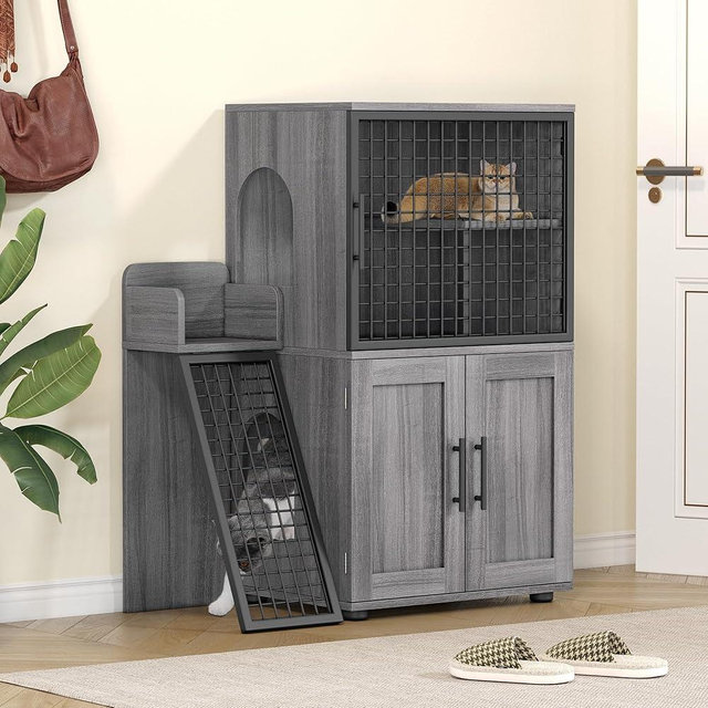 IDEALHOUSE Modern Cat Litter Box Enclosure with Platform, Double Layer Hidden Litter Box, Indoor Washroom, Villa Cat House with Ladder, 33.5" l x 17.9" w x 41.9" h,Dark Grey